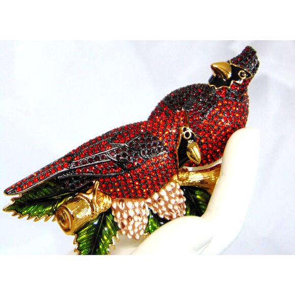 Joan Rivers BROOCH PIN Pair RED CARDINAL BIRDS Perched LG 4" Crystal Rhinestones - Picture 6 of 6